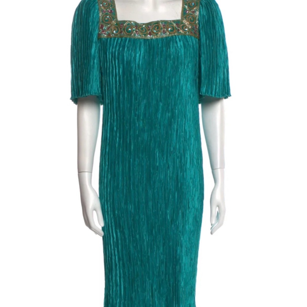 Mary McFadden Teal Pleated Dress with Embellished NecklineVintage